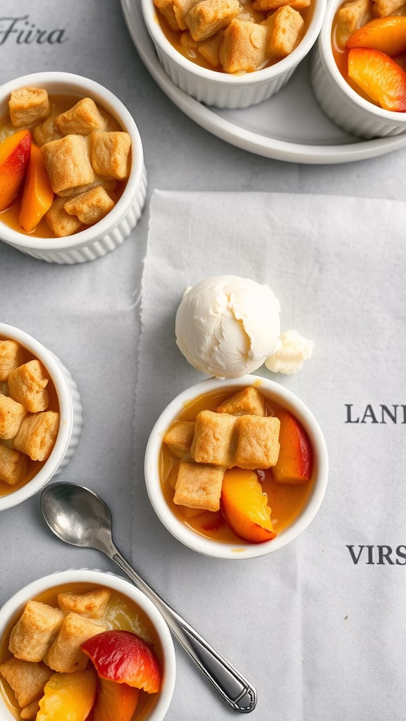Mini ramekins filled with peach cobbler topped with ice cream