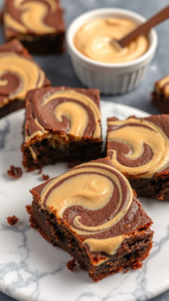 Delicious peanut butter swirl brownies on a marble plate