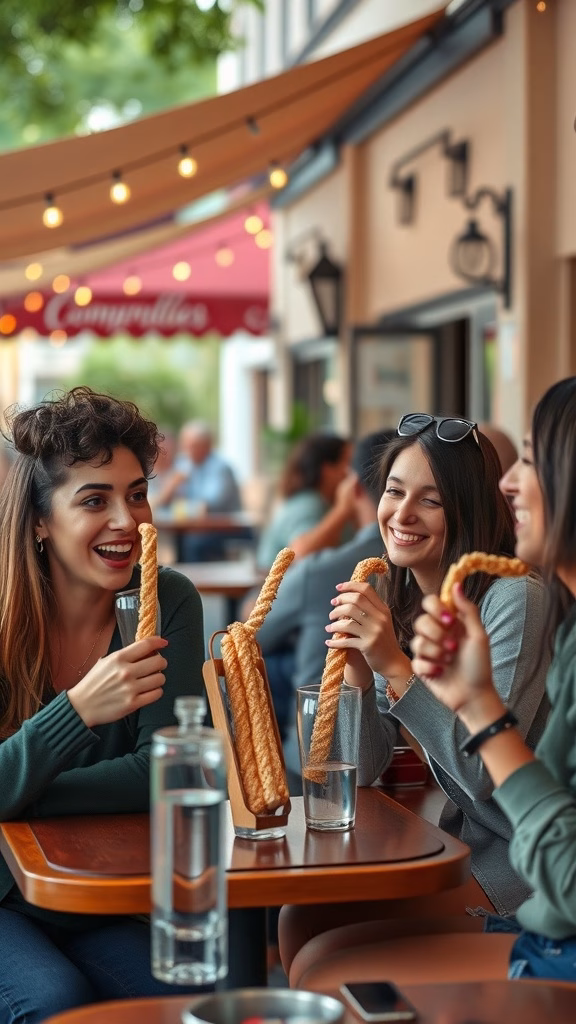 Three friends enjoying churros at a café