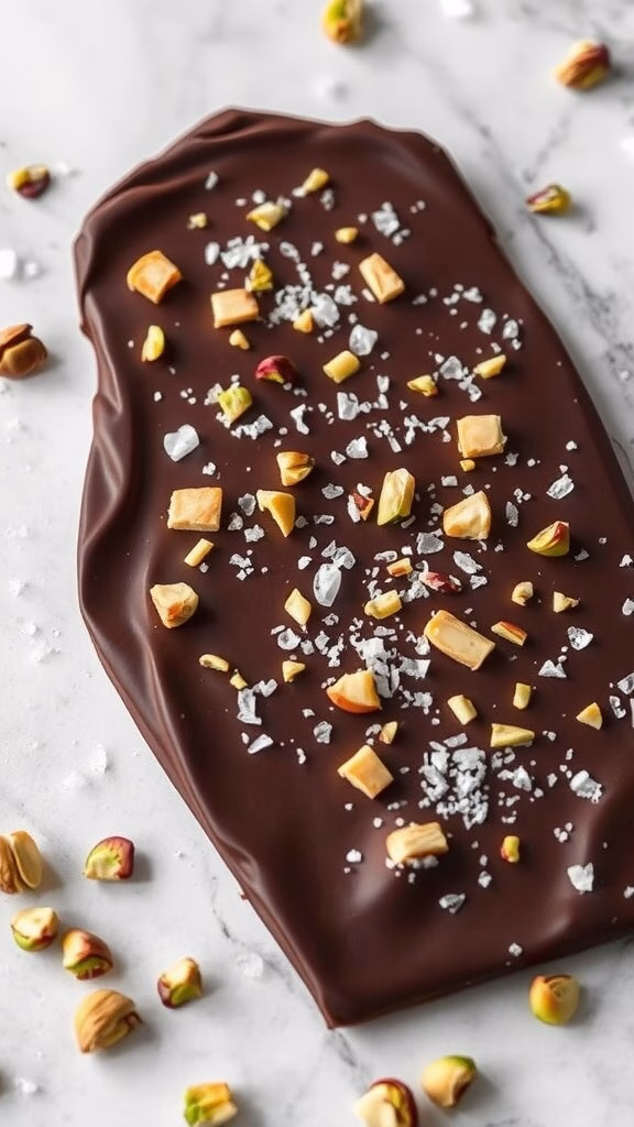 Pistachio chocolate bark with chopped pistachios and sea salt sprinkled on top.