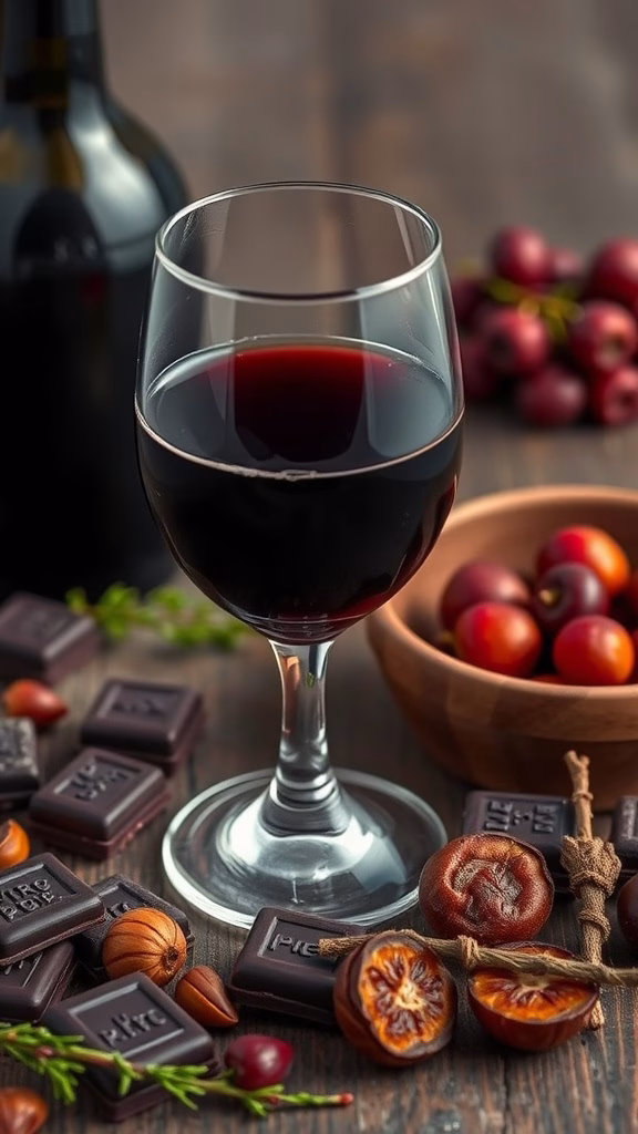 A glass of Port wine surrounded by chocolate, nuts, and fruits on a wooden table.