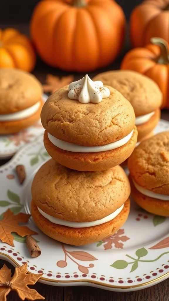 Pumpkin spice whoopie pies with cream filling stacked on a decorative plate