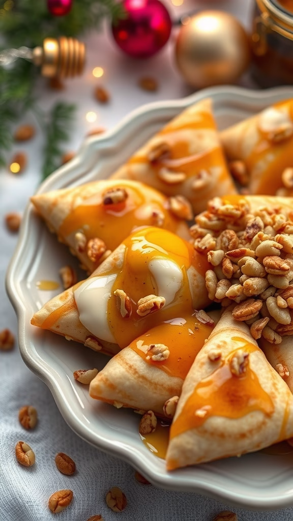 Plate of Qatayef stuffed pancakes with honey drizzle and nuts on top