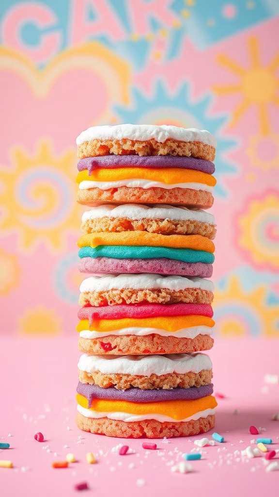 Colorful mini layer cakes stacked with bright frosting and sprinkles