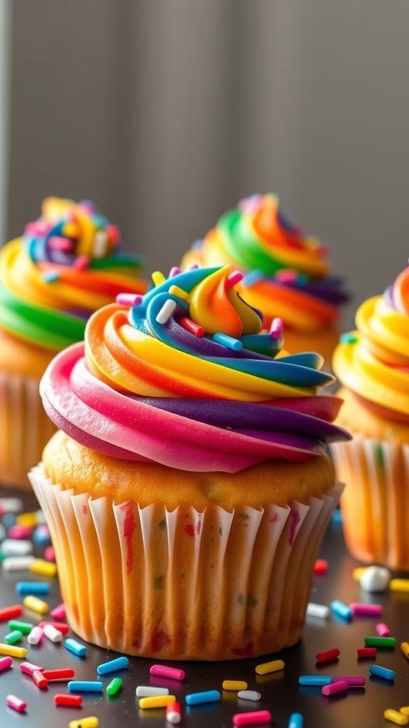 Colorful rainbow swirl cupcakes with sprinkles