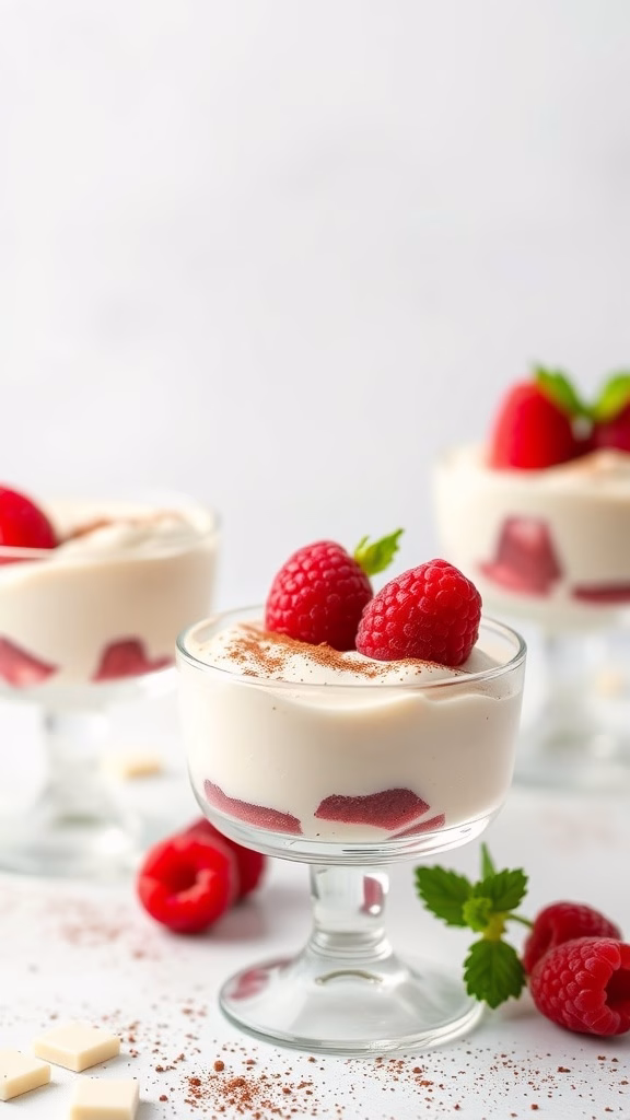A luxurious raspberry and white chocolate mousse dessert in elegant glass cups, topped with fresh raspberries and mint.