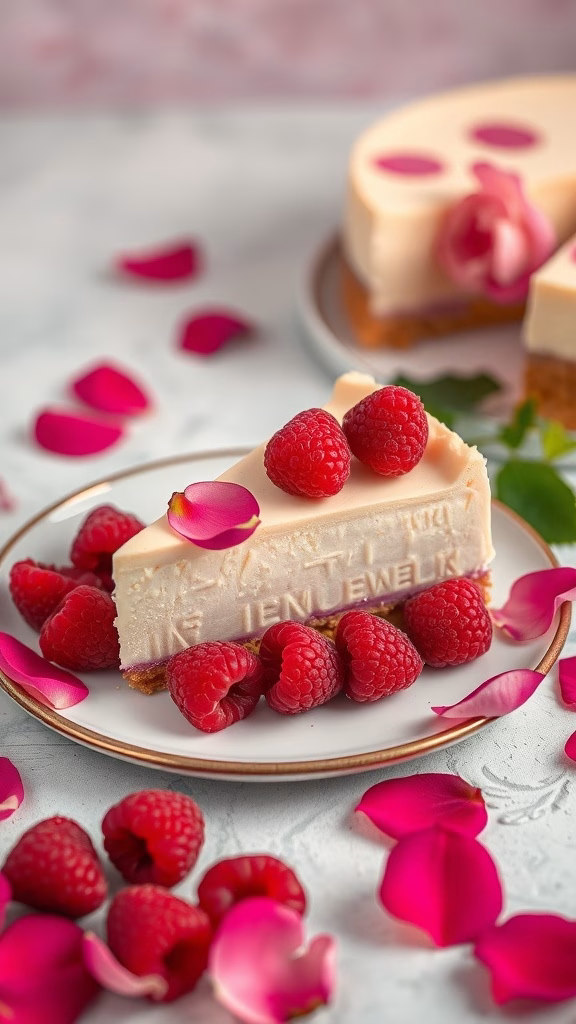 A slice of raspberry rosewater cheesecake topped with fresh raspberries and rose petals, surrounded by more raspberries and rose petals on a light background.