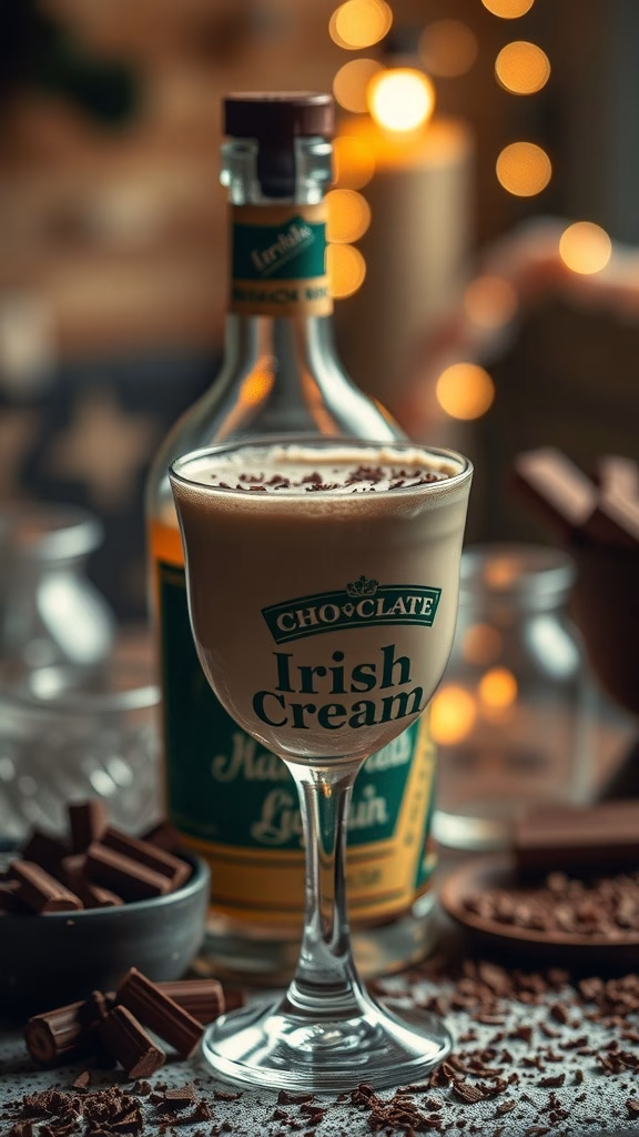 A glass of Irish cream liqueur with a bottle in the background