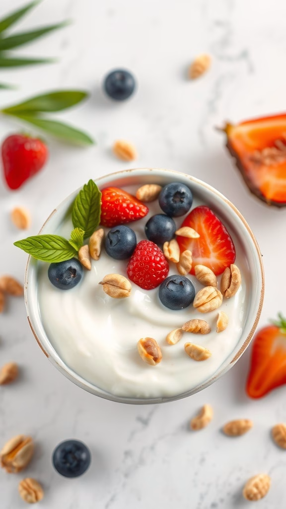 Delicious coconut yogurt topped with fresh berries and nuts.