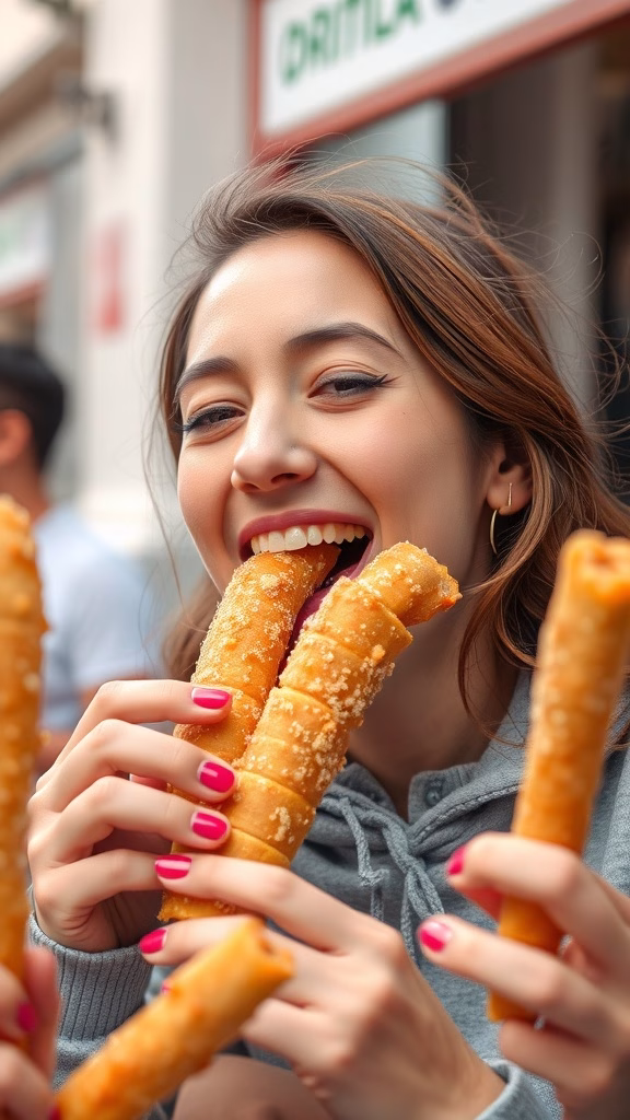 A smiling person holding a churro surrounded by more churros.