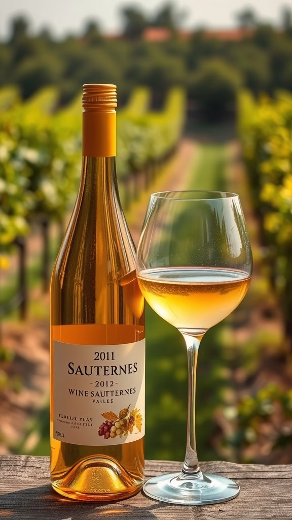 A bottle of 2011 Sauternes wine next to a glass filled with the golden liquid, set in a vineyard backdrop.