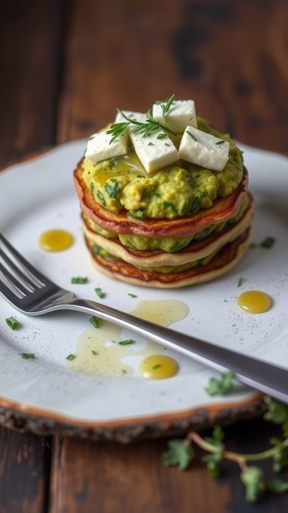 Savory avocado and feta pancakes stacked high, garnished with fresh herbs.