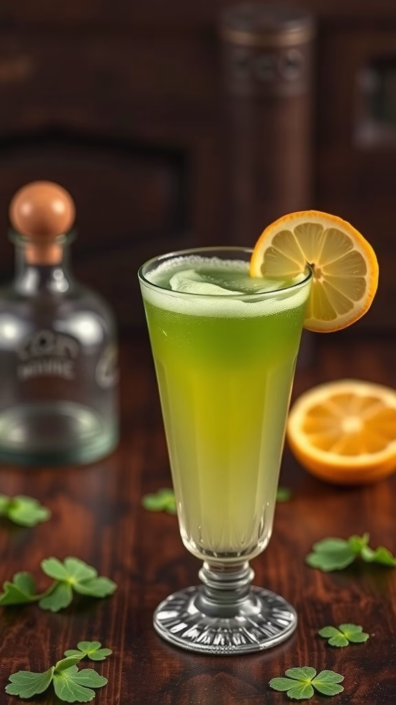 A vibrant green cocktail garnished with a lemon slice and mint leaves.