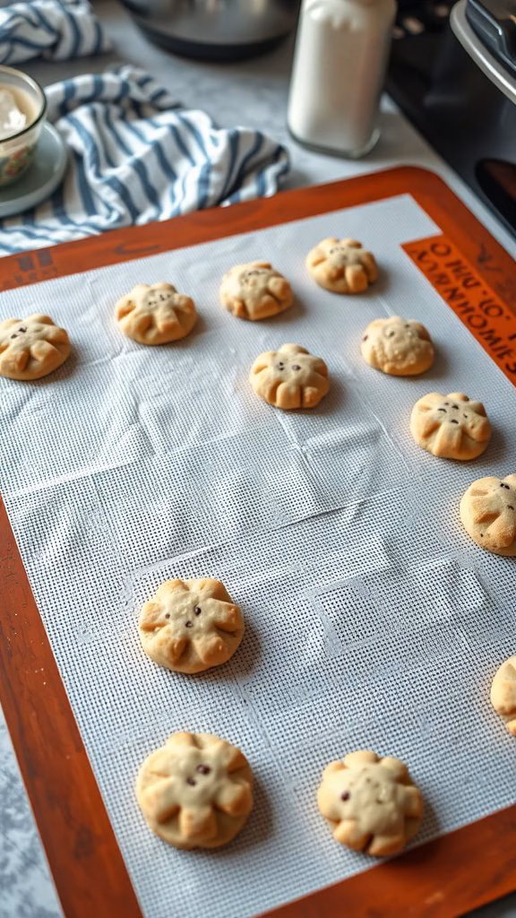 Silicone baking mat with freshly baked cookies on it