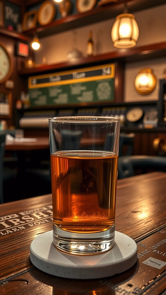A glass of smooth Irish whiskey served neat on a coaster.
