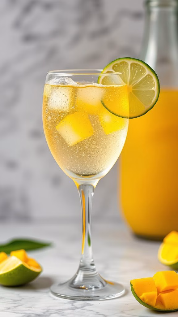 A refreshing glass of sparkling mango green tea spritzer garnished with lime and mango.