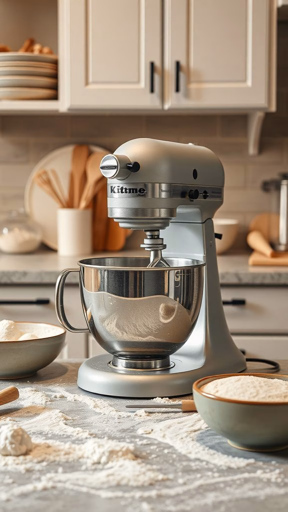 Stand mixer with mixing bowl surrounded by baking supplies on a kitchen counter.