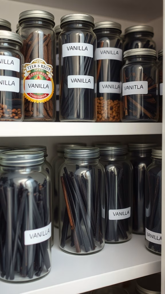 Various jars of vanilla beans neatly organized on a shelf, labeled for easy identification.