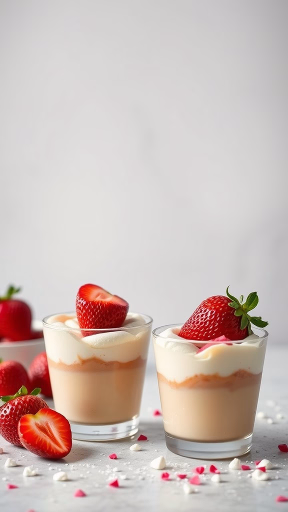 Delicious strawberry caramel pudding cups with fresh strawberries on top.