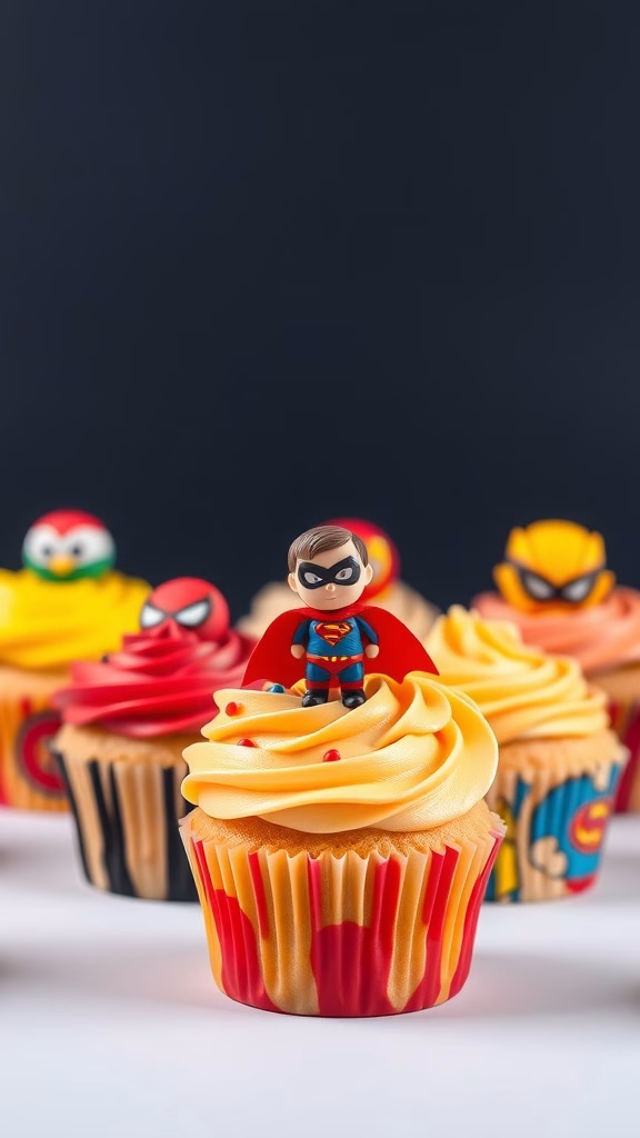 Colorful superhero-themed cupcakes with vibrant frosting and playful decorations.