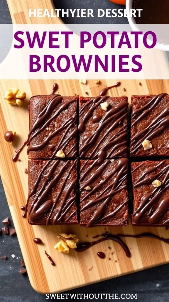 A plate of sweet potato brownies drizzled with chocolate sauce and topped with nuts.