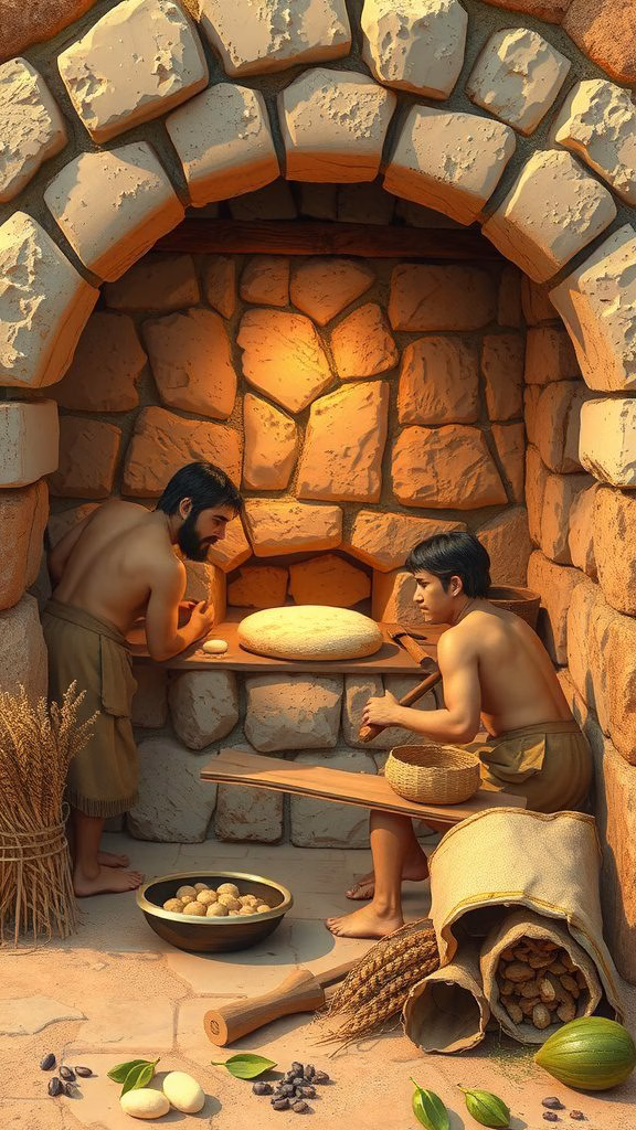 Two ancient bakers working in a traditional oven with wheat and dough.