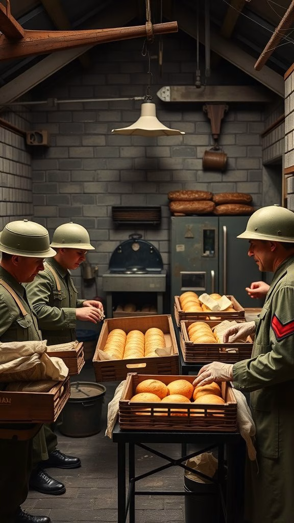Soldiers baking bread in a wartime kitchen