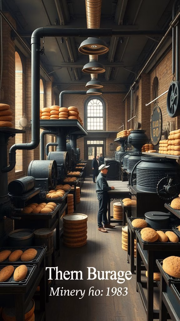 An industrial bakery with machines and bread, representing the role of baking in the Industrial Revolution