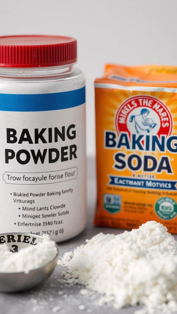 Baking powder and baking soda with flour on a countertop