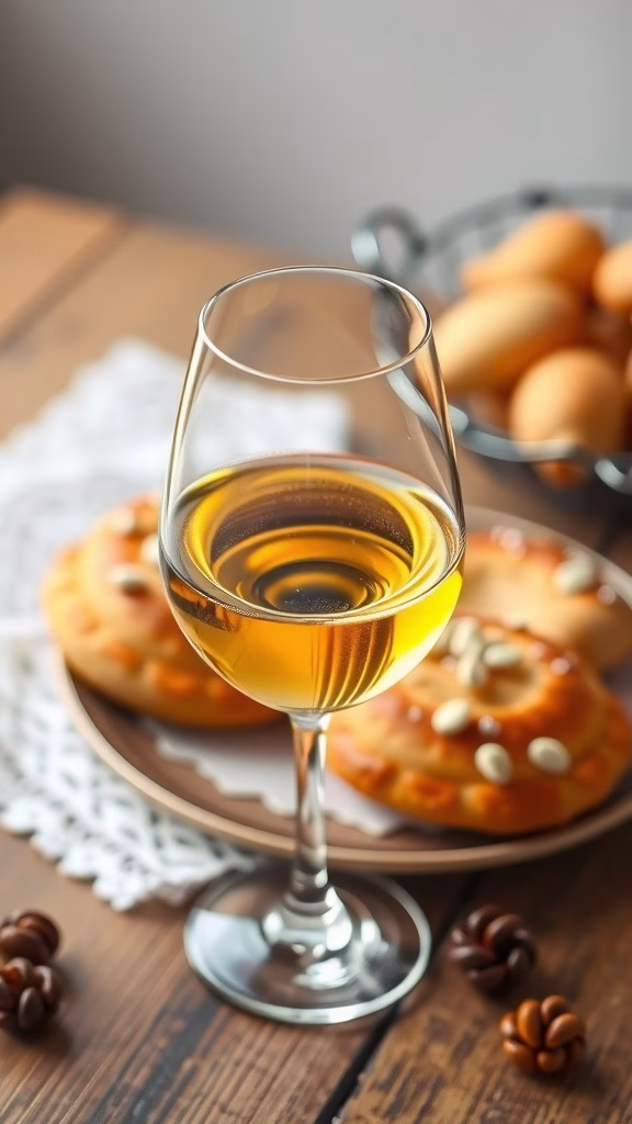 A glass of Tokaji Aszu wine beside a plate of pastries and a basket of eggs