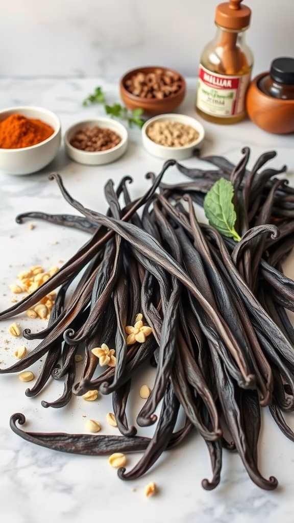 An assortment of fresh vanilla beans with various spices and bottles, showcasing the top varieties of vanilla for cooking.