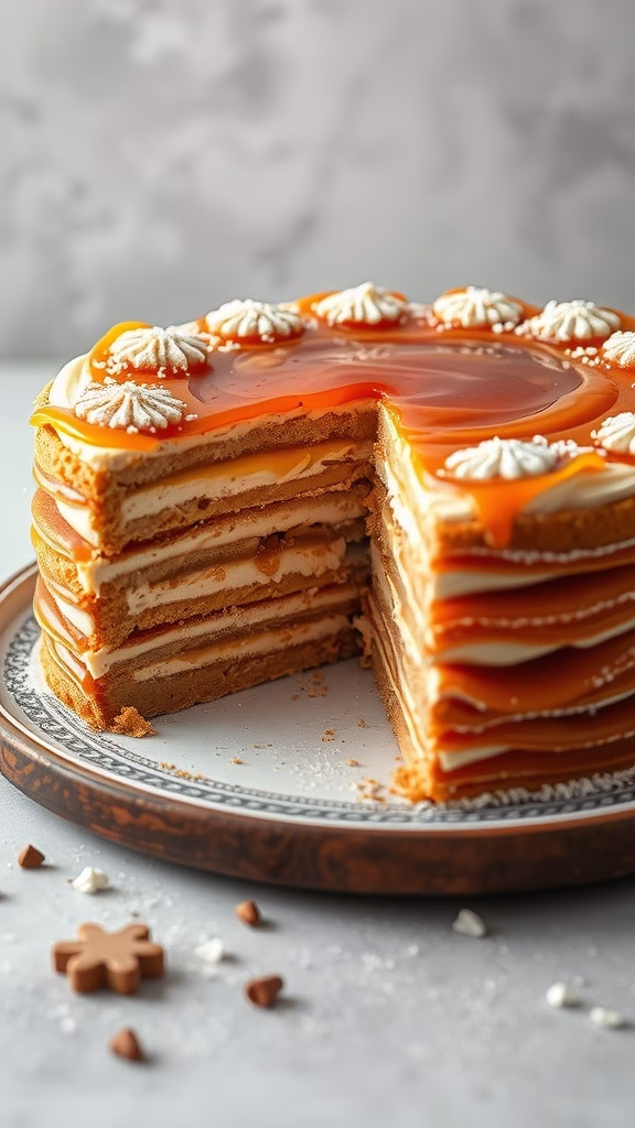 A beautifully layered Torta de Mil Hojas dessert with caramel topping and decorative cream.