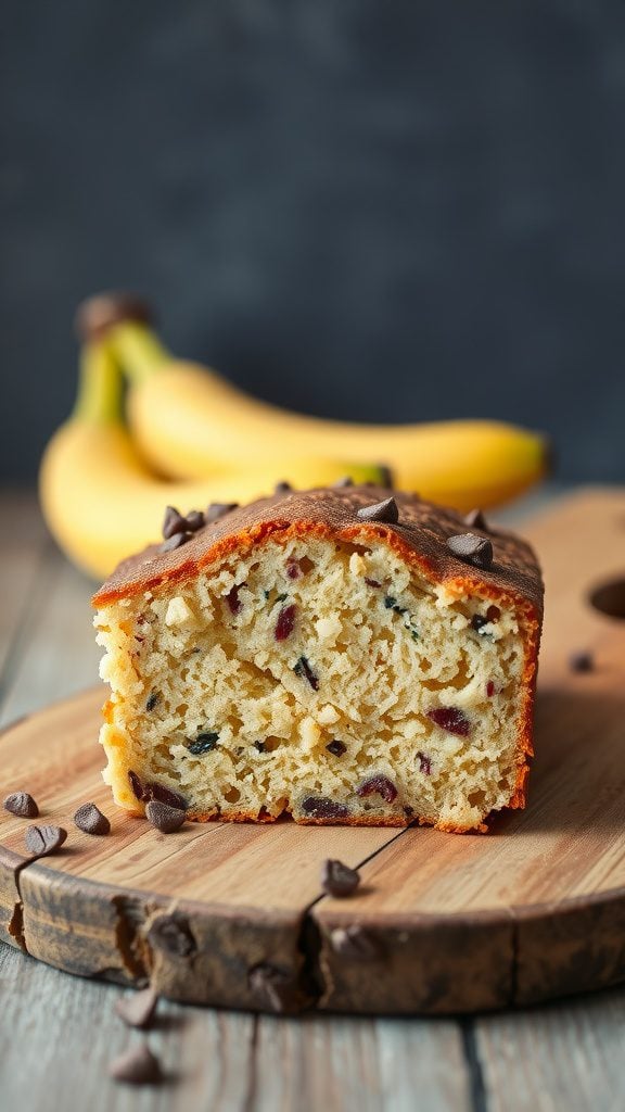 A slice of banana cake with chocolate chips resting on a wooden board.