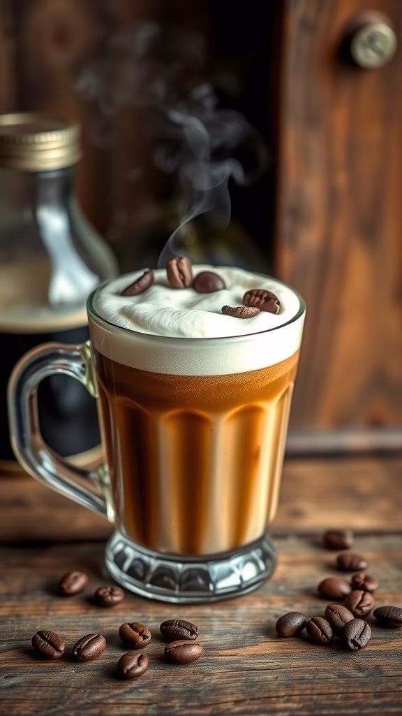A steaming cup of traditional Irish coffee topped with whipped cream and coffee beans.