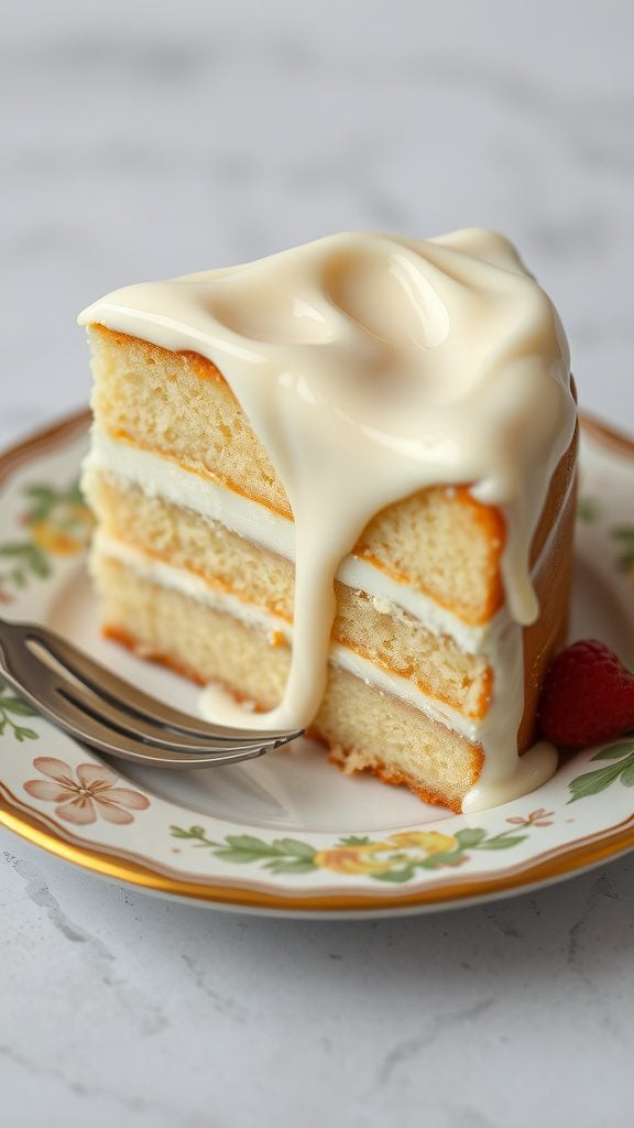 A slice of tres leches cake on a decorative plate with rich, creamy topping.