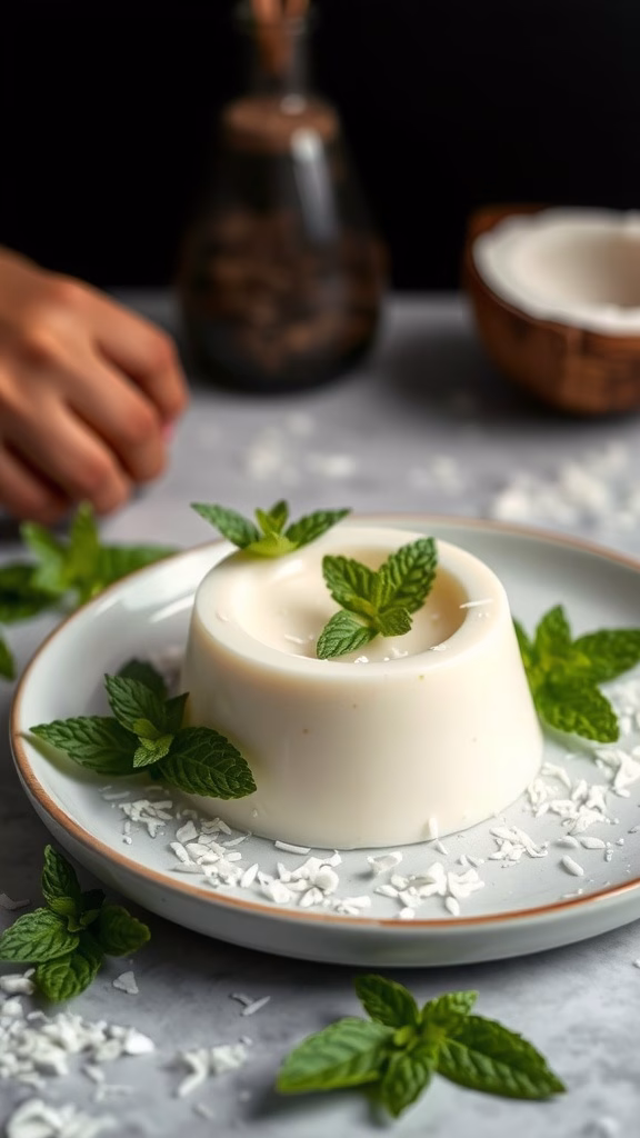 A plate of coconut cream panna cotta garnished with mint and shredded coconut