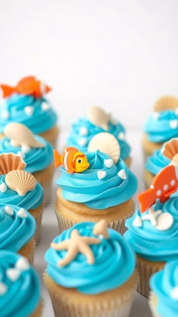 Under the Sea Cupcakes decorated with blue frosting, edible fish, and seashells.
