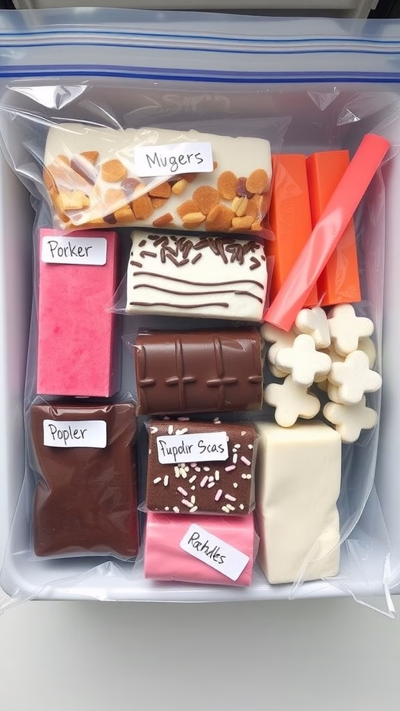 A variety of labeled desserts neatly organized in a freezer bag, ready for storage.