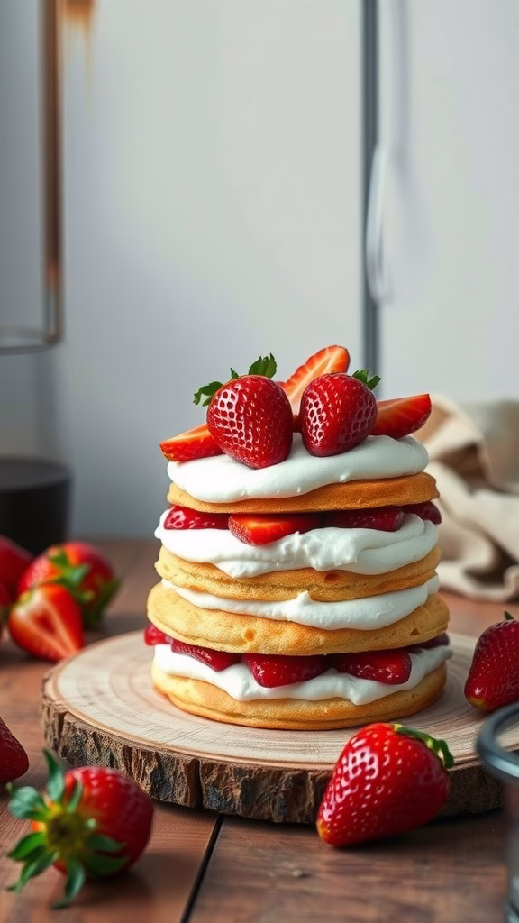 Vanilla-infused strawberry shortcake with layers of biscuits, whipped cream, and fresh strawberries.