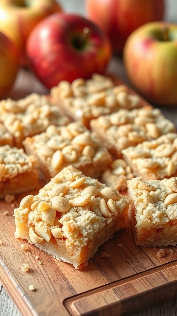 Delicious vanilla and apple crumble bars on a wooden board with fresh apples.