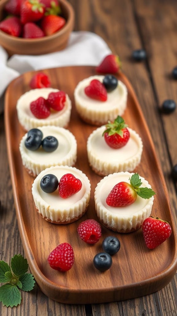A plate of vanilla bean mini cheesecakes topped with fresh berries.