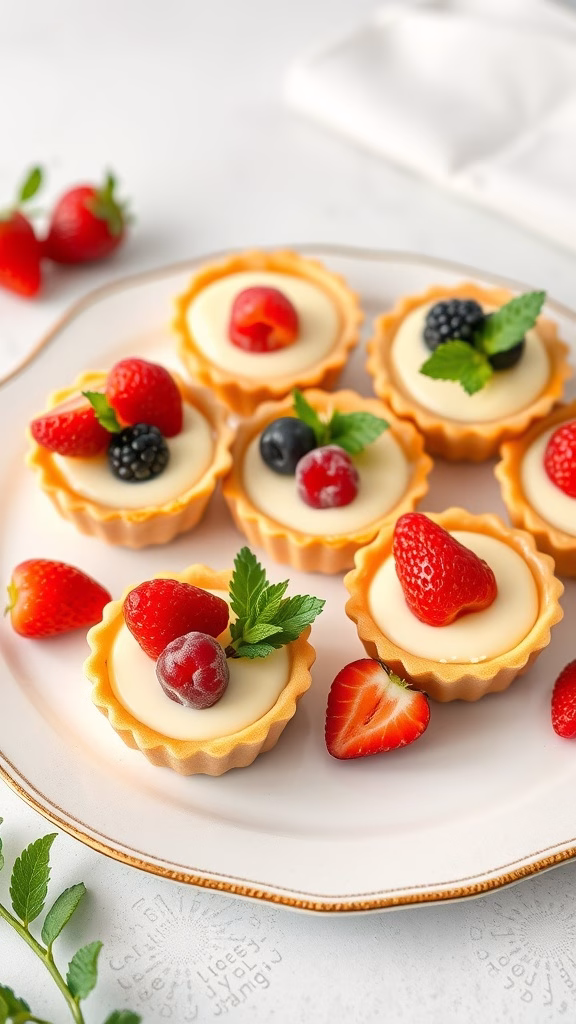 Delicious vanilla bean pudding tarts topped with fresh berries and mint leaves.