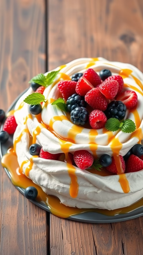 A delicious Vanilla Caramel Pavlova Nest topped with fresh berries and caramel sauce, perfect for spring celebrations.