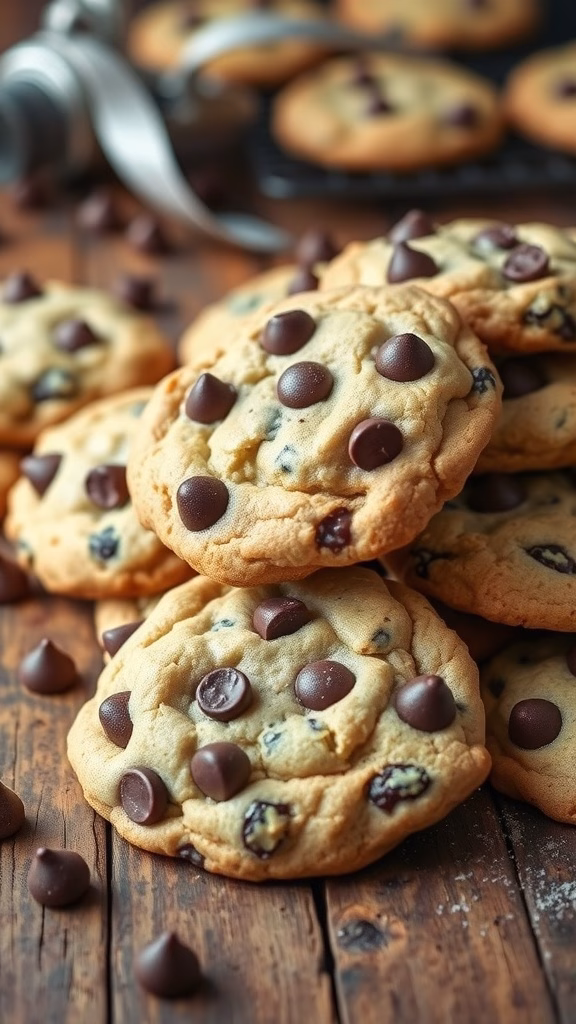 Delicious vanilla chocolate chip cookies stacked on a wooden surface