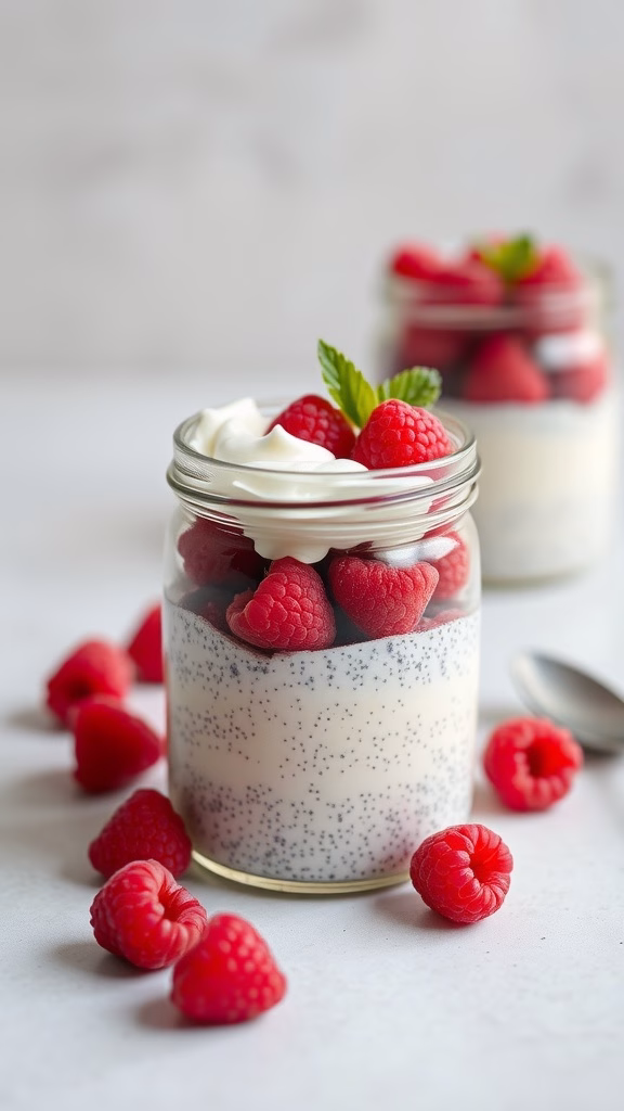 A jar of vanilla raspberry chia pudding topped with fresh raspberries and mint.