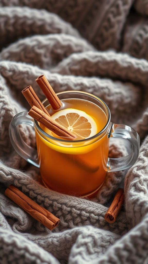 A warm Hot Toddy with lemon and cinnamon sticks on a cozy blanket.