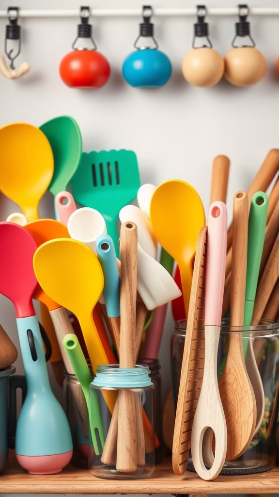 Colorful collection of baking tools and utensils arranged in a kitchen setting