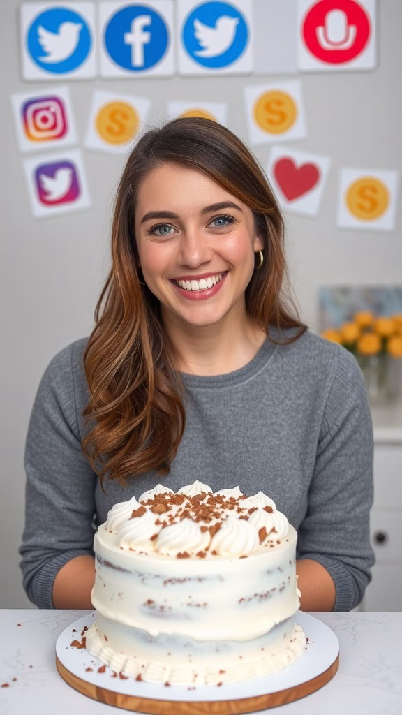 A smiling woman holding a cake in front of social media logos