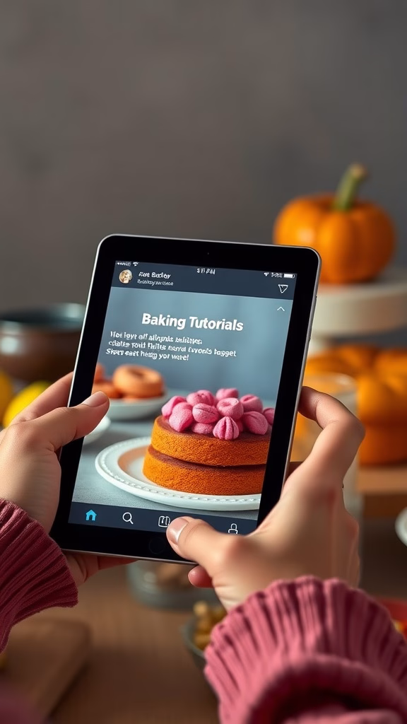 A person using a tablet to follow baking tutorials online with a colorful cake displayed.