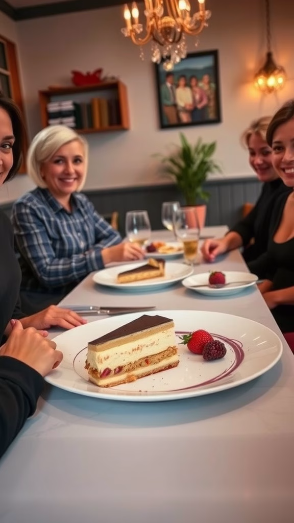 A group of friends enjoying a delicious dessert at a table.